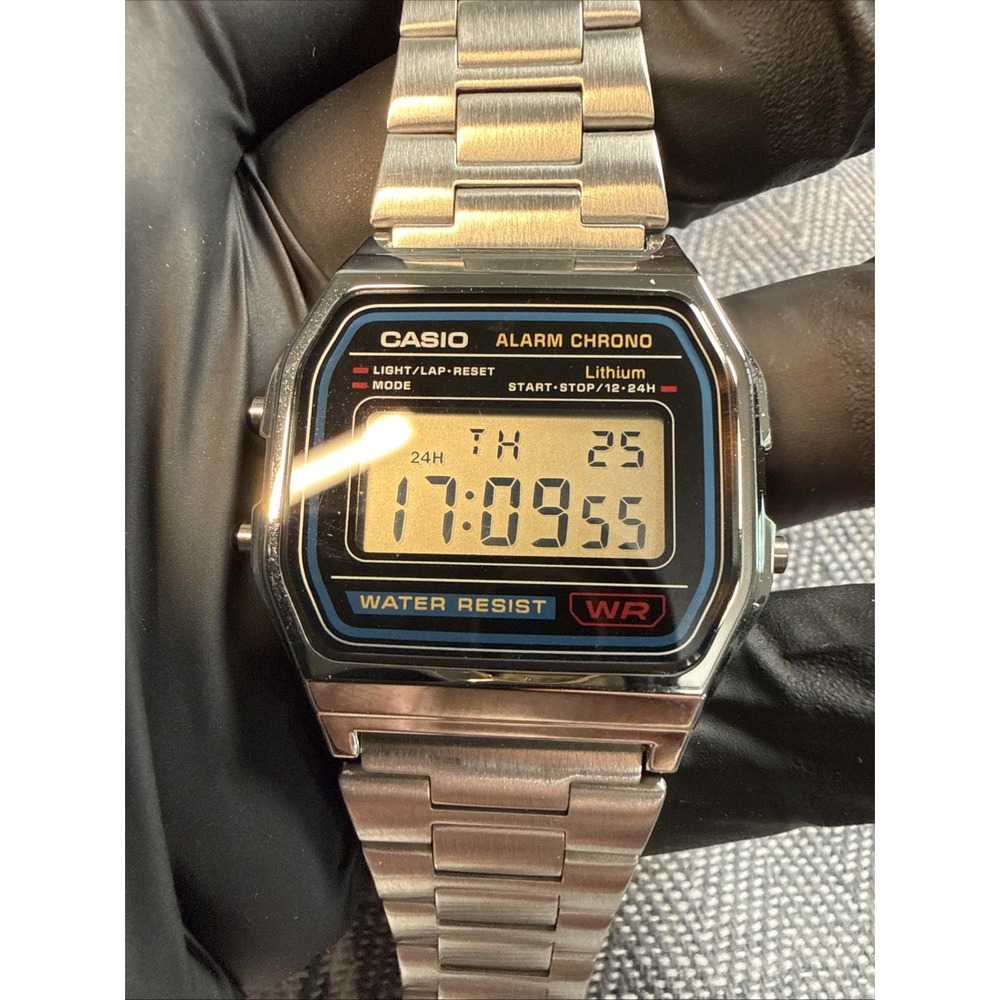 Casio A158W Digital Quartz Wristwatch Alarm Chronograph Steel Bracelet Silver